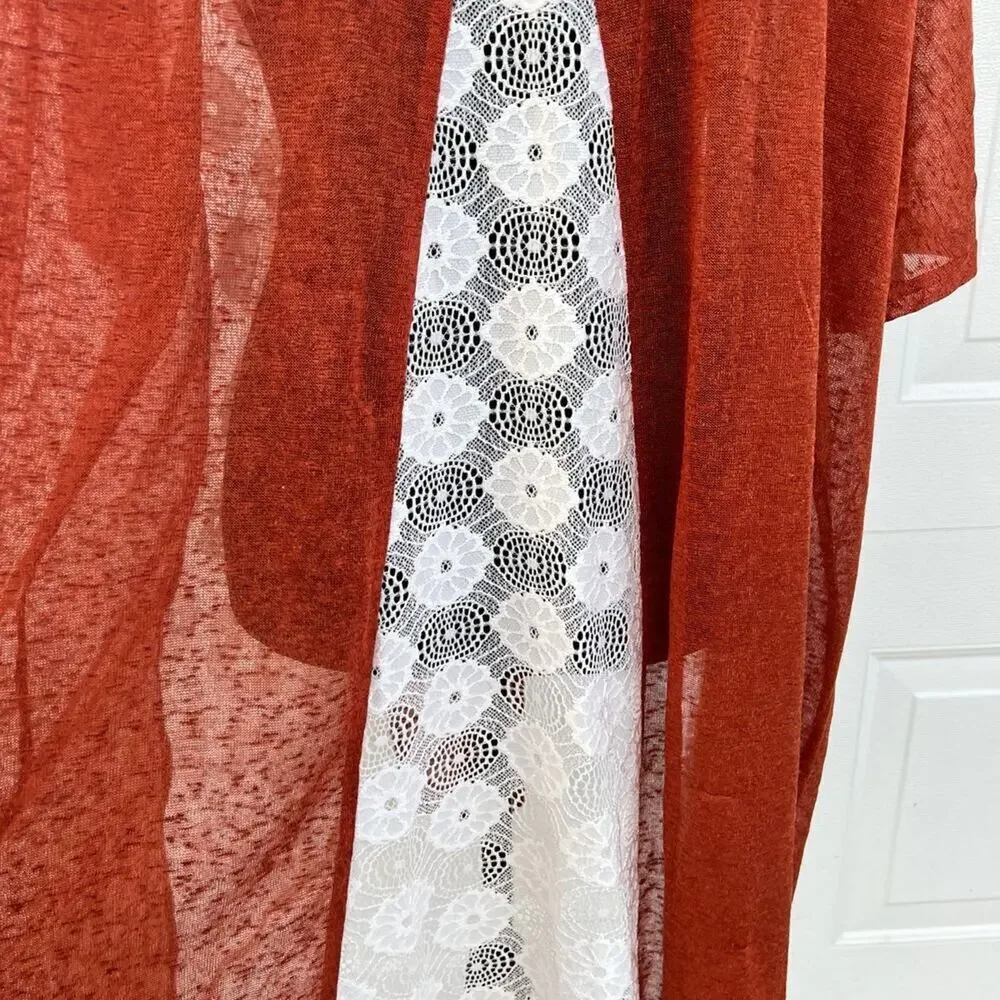 Gee Gee Lace Detail Multicolor Trim Accent Long Cardigan, Woman's L/ XL